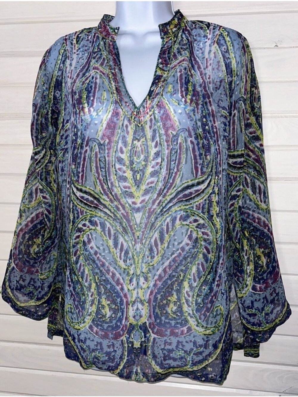 Travelsmith Sz PETITES SMALL PS Poly Chiffon Blue Green Paisley Pullover Blouse